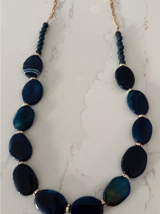 Jewelry - Deep Blue Agate Bead Necklace with Gold Accents - Women Jewelry